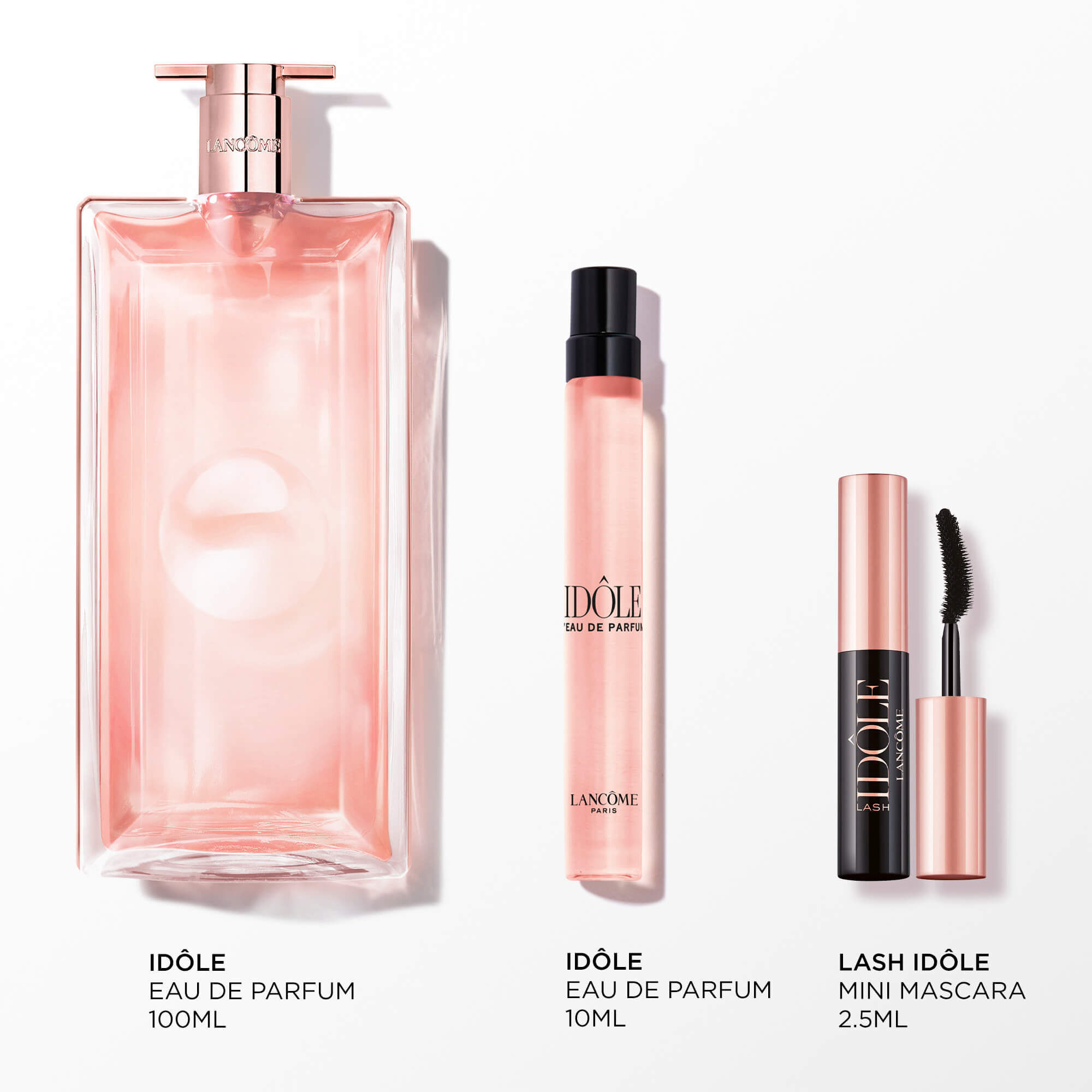 Image of the following products on a white background: IDOLE EDP 100ML - IDOLE EDP 10ML - LASH IDOLE MASCARA MINI 2.5ML