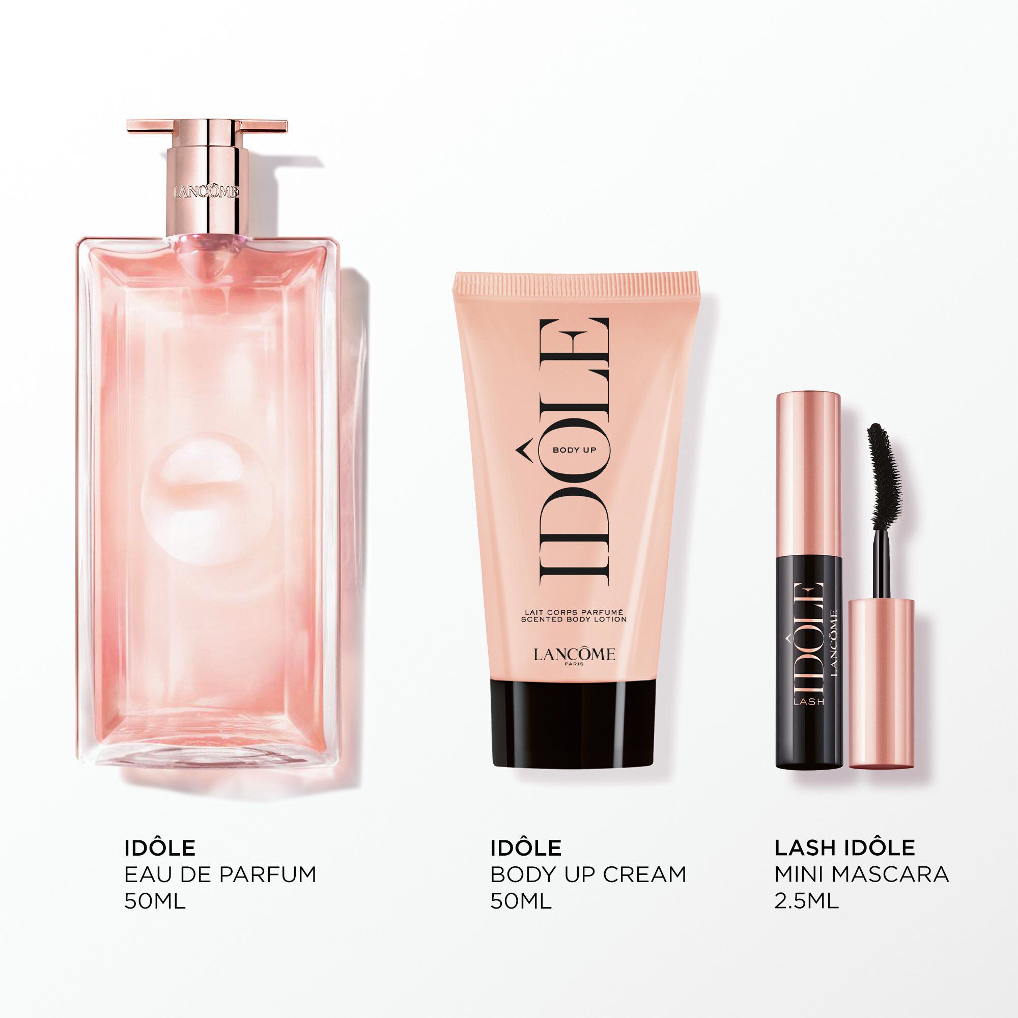 Image of the following products on a white background: IDOLE EDP 50ML - IDOLE BODY LOTION 50ML - LASH IDOLE MASCARA MINI 2.5ML