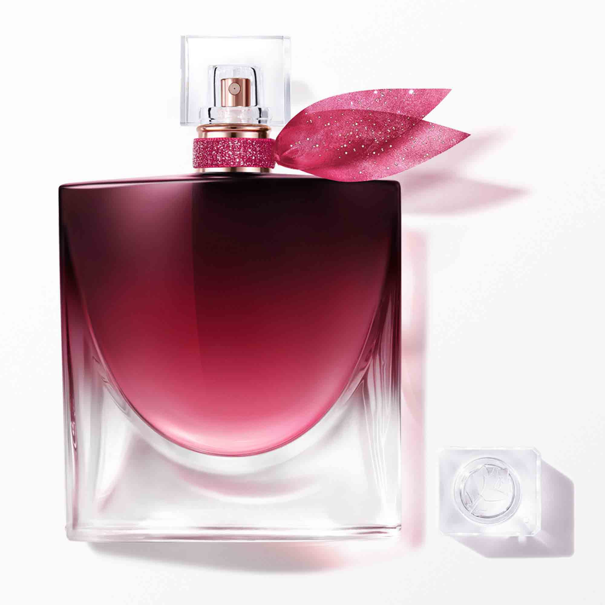 Packshot of Lancome La Vie Est Belle Very Cherry with a deep burgundy gradient and a matching sheer ribbon.	